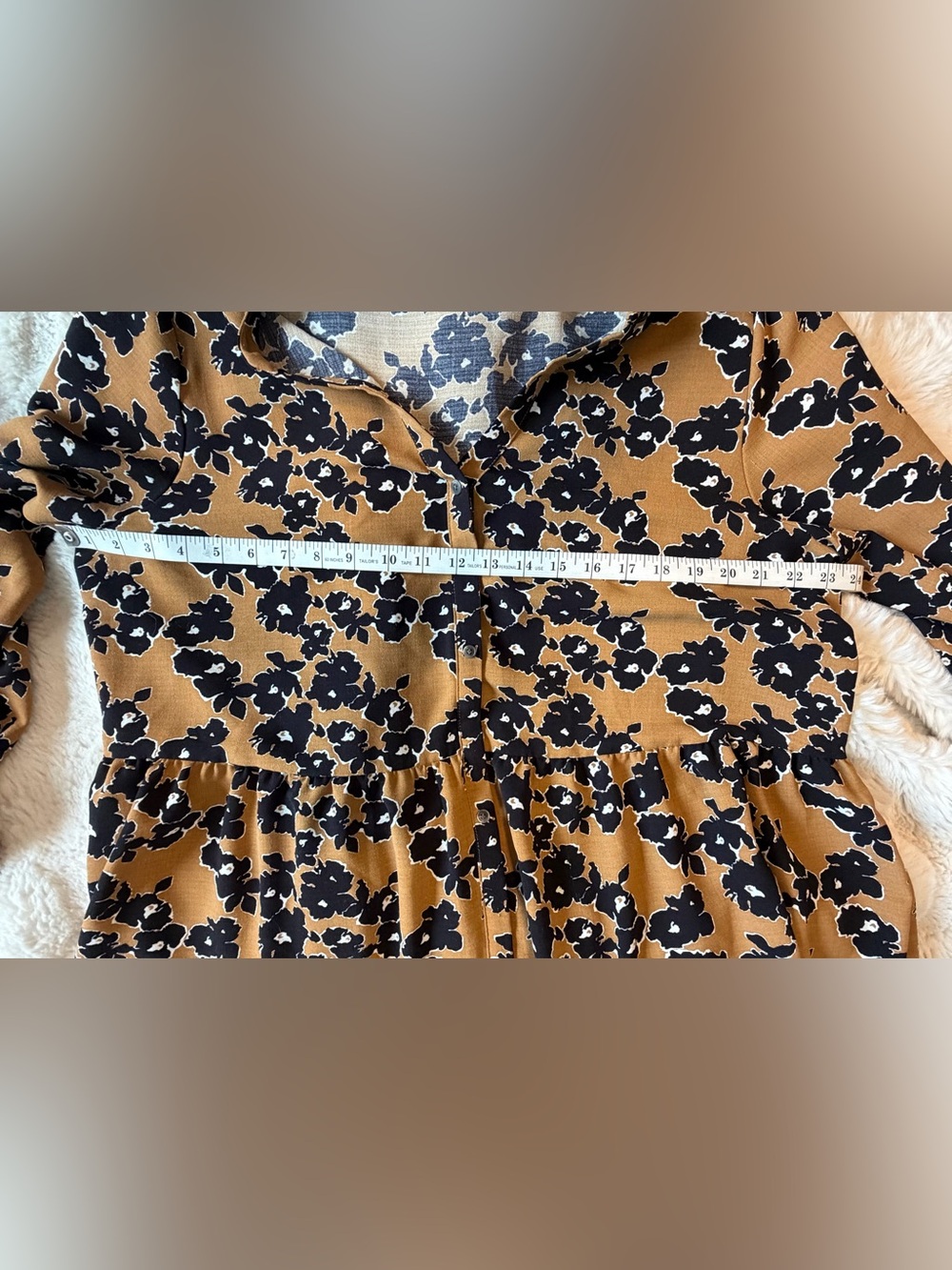Nine West XXL Camel Black Floral Tiered Button Front Midi Dress Long Sleeve - Picture 4 of 6